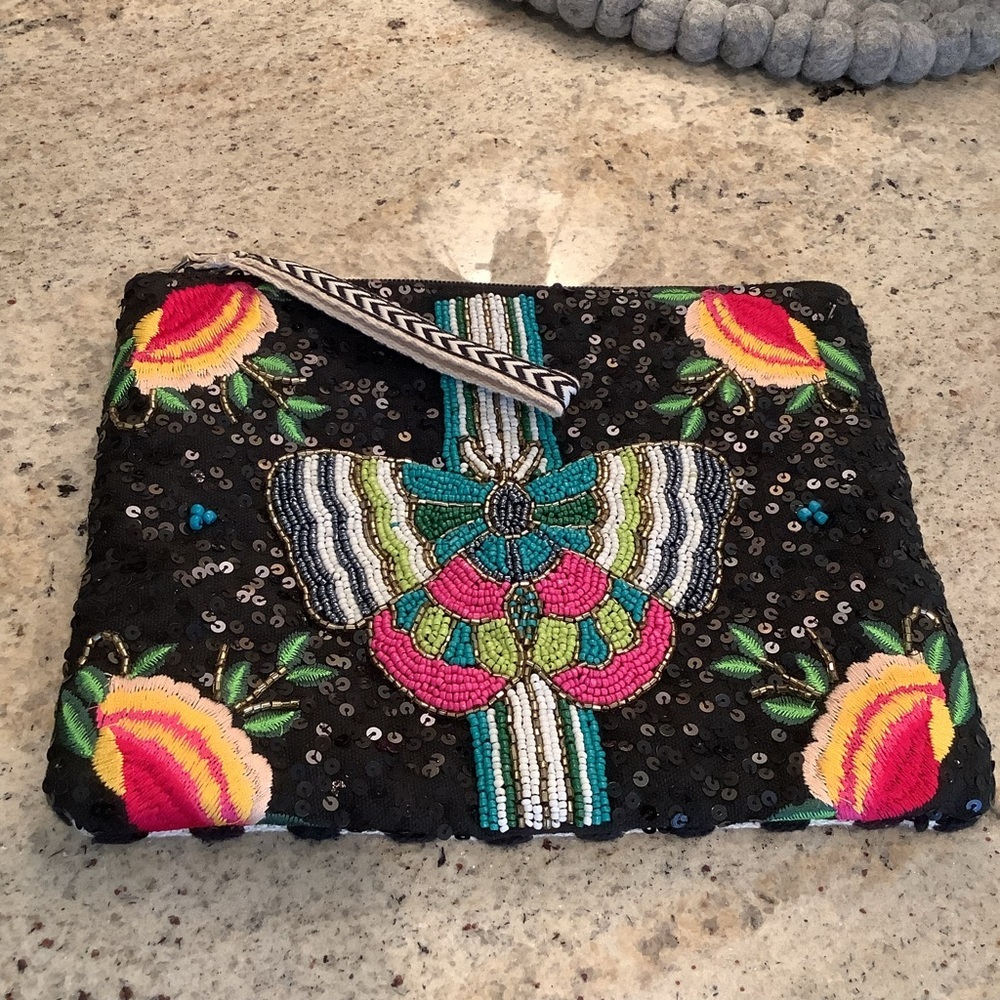 America & Beyond Embroidered Beaded Butterfly Clutch Wristlet - Black